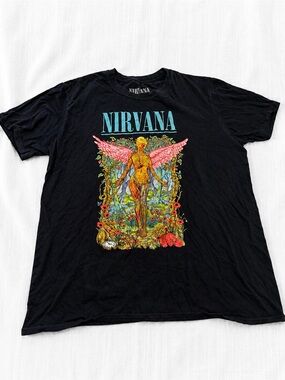NIRVANA Black Band Tee with Pink Wings Graphic